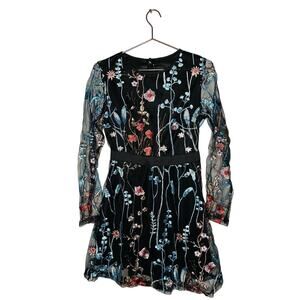 Unbranded Women's Black Long Sleeve Mesh Embroidered A-Line Mini Dress Size S